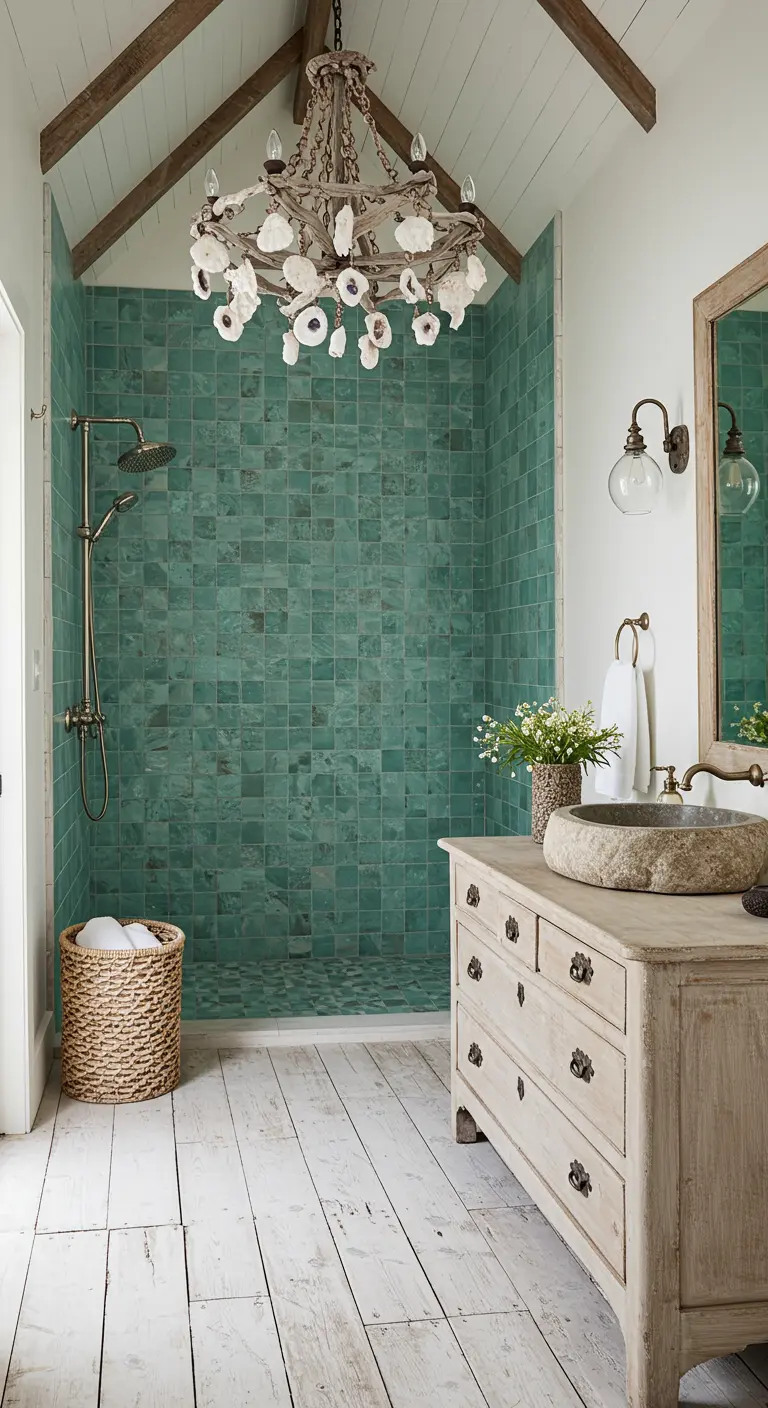 Rustic bathroom with stone sink, distressed vanity, and zellige tile shower.
