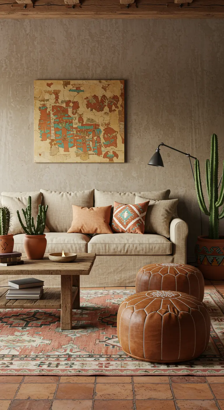 Southwestern-style room with a linen sofa, leather poufs, and a patterned rug.