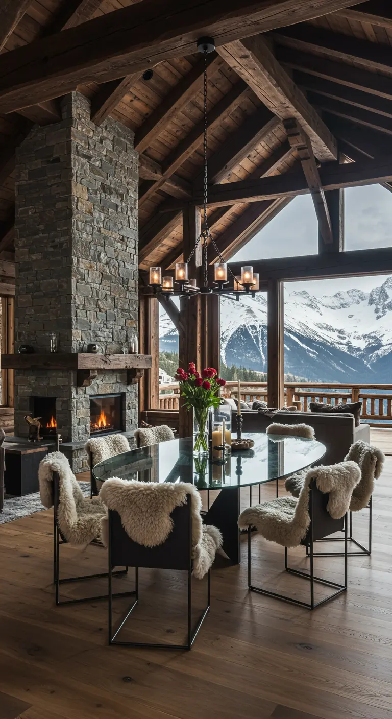 Glass dining table in a rustic ski lodge, with chairs covered in sheepskin.