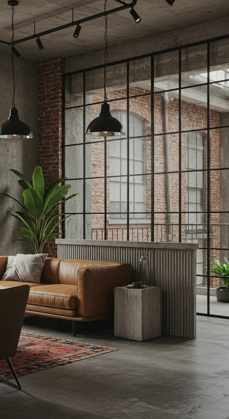 Industrial loft living room with a leather sofa, concrete elements, and an exposed brick wall.