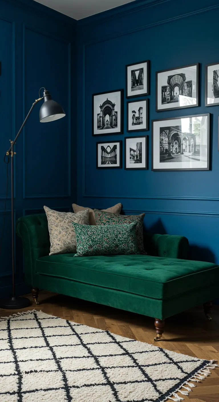 A reading nook with dark blue walls, an emerald green velvet chaise, and a gallery of photos.