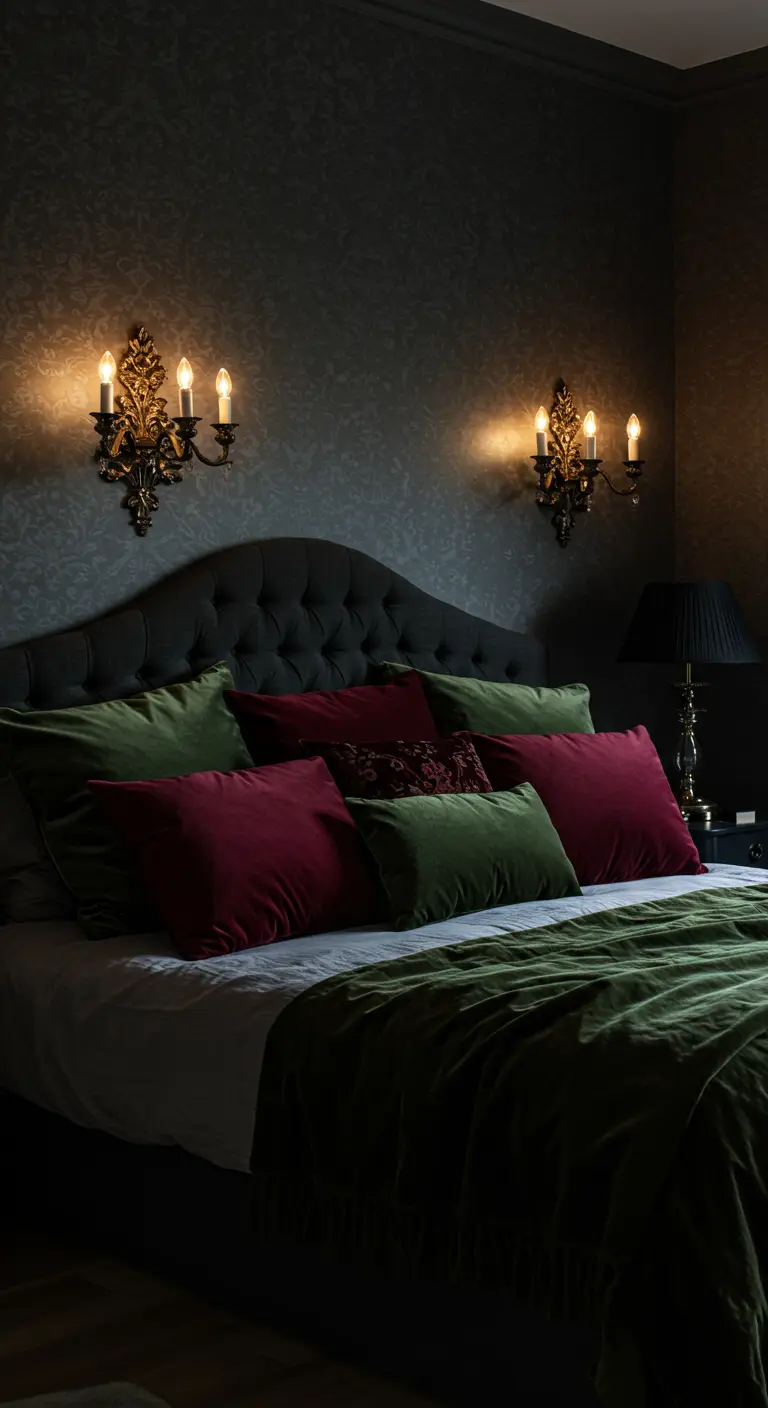 Moody bedroom with dark walls, a black tufted headboard, and green and red velvet pillows.