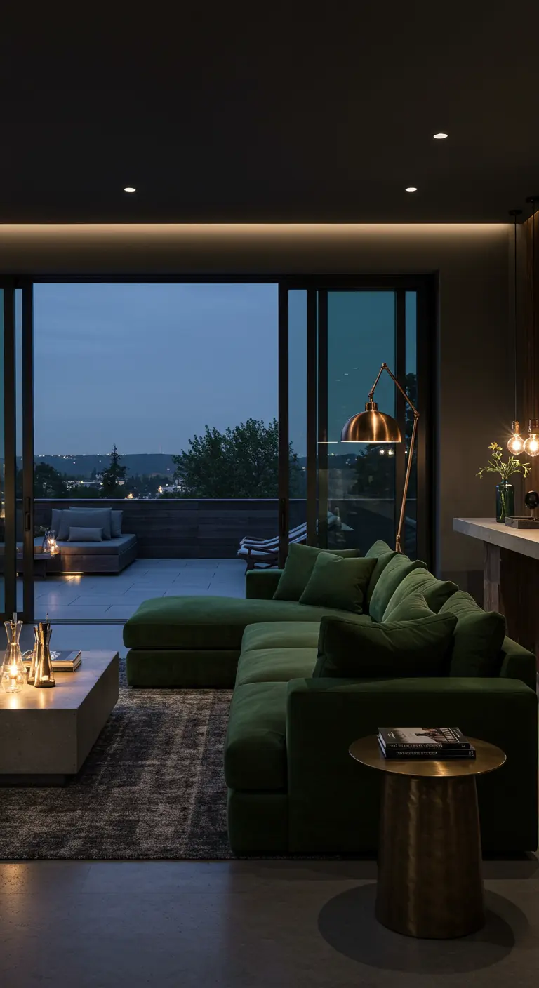 An elegant living room at night with a green velvet sofa and brass accents.
