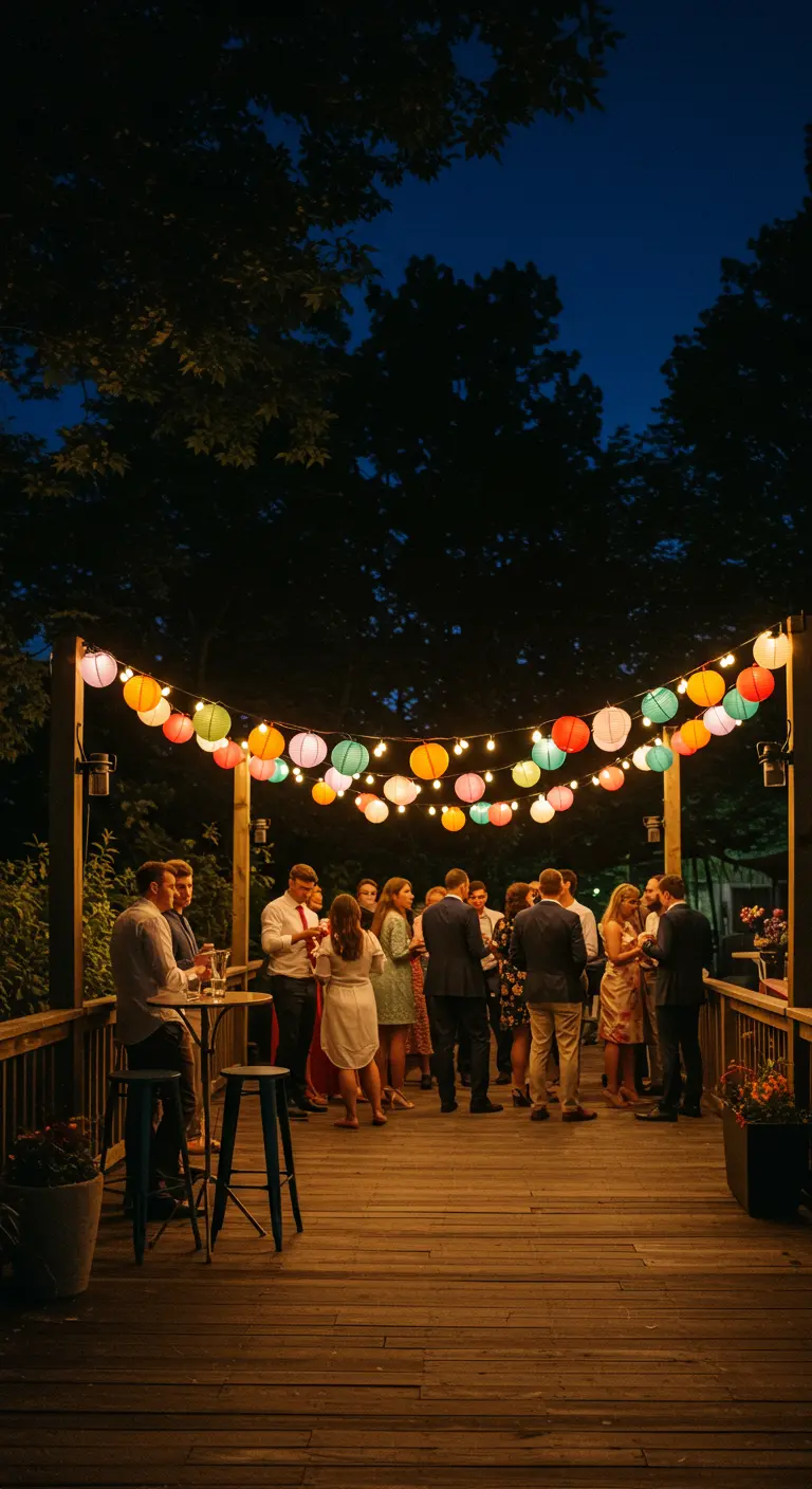 A party on a wooden deck with colorful paper lanterns strung over globe string lights.
