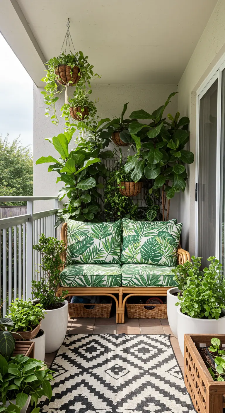A cozy balcony with a rattan loveseat featuring leaf-print cushions and lush plants.