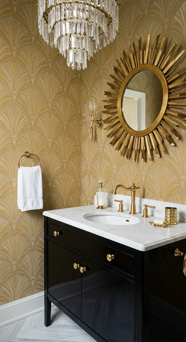 Art Deco powder room with gold fan wallpaper, a sunburst mirror, and a crystal chandelier.