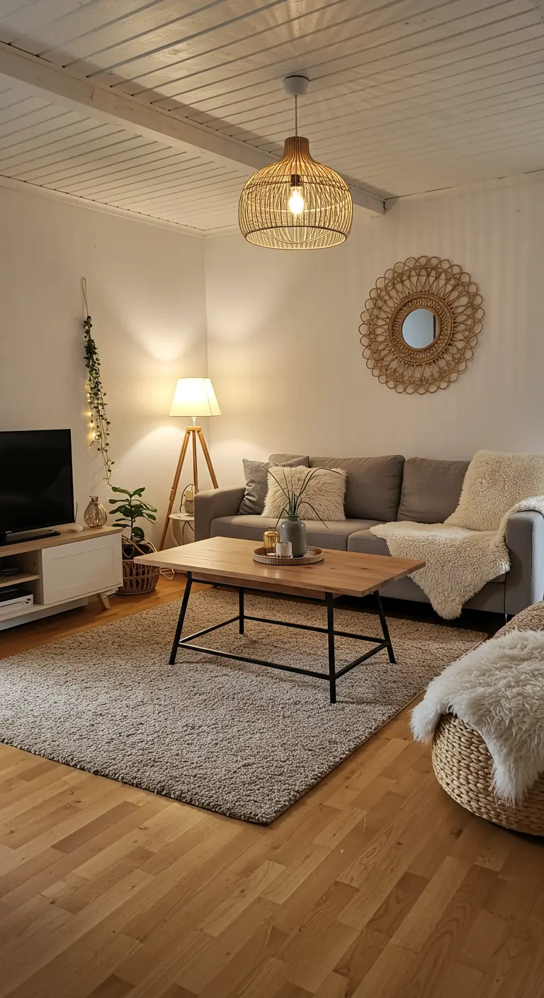 Cozy living room with a large woven pendant, tripod floor lamp, and textured rug.
