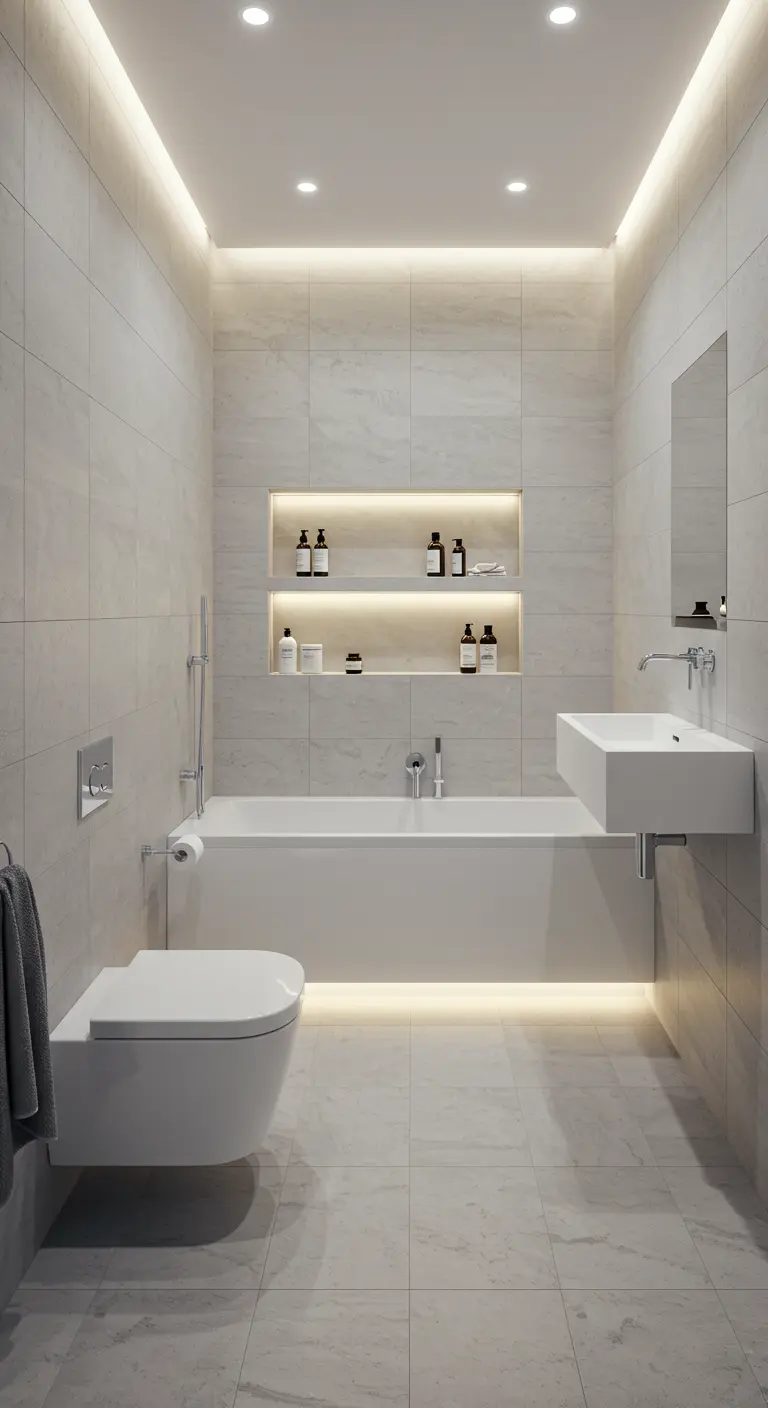 Minimalist bathroom with cove lighting around the ceiling and under the tub.