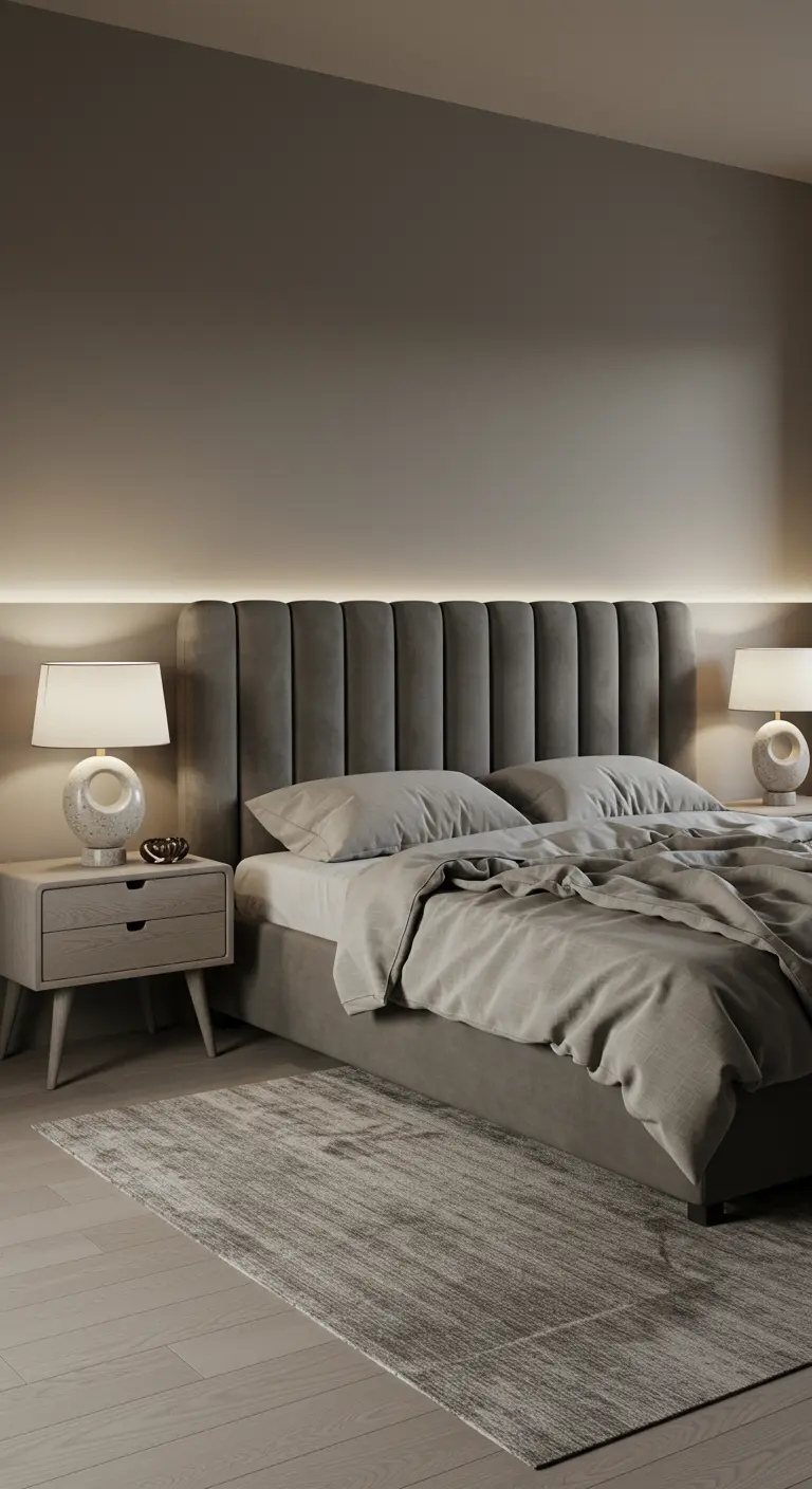 Greige bedroom with a channel-tufted headboard and integrated backlight.