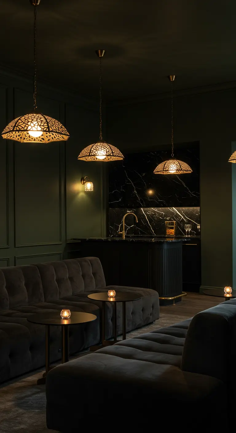 Moody lounge with dark green walls, a black marble bar, and multiple filigree pendant lights.