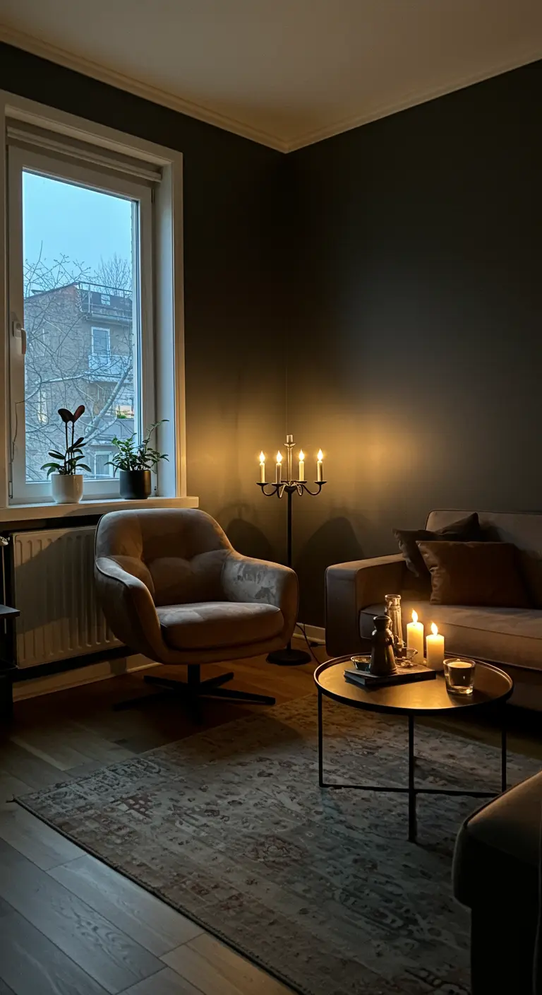 A cozy living room corner with a candelabra floor lamp and a table lamp creating layered light.