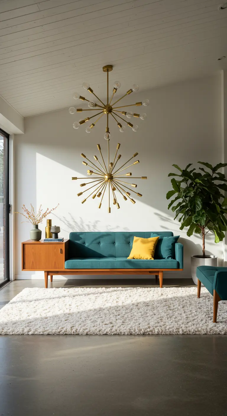 Living room with teal sofa, walnut credenza, and two brass sputnik chandeliers.