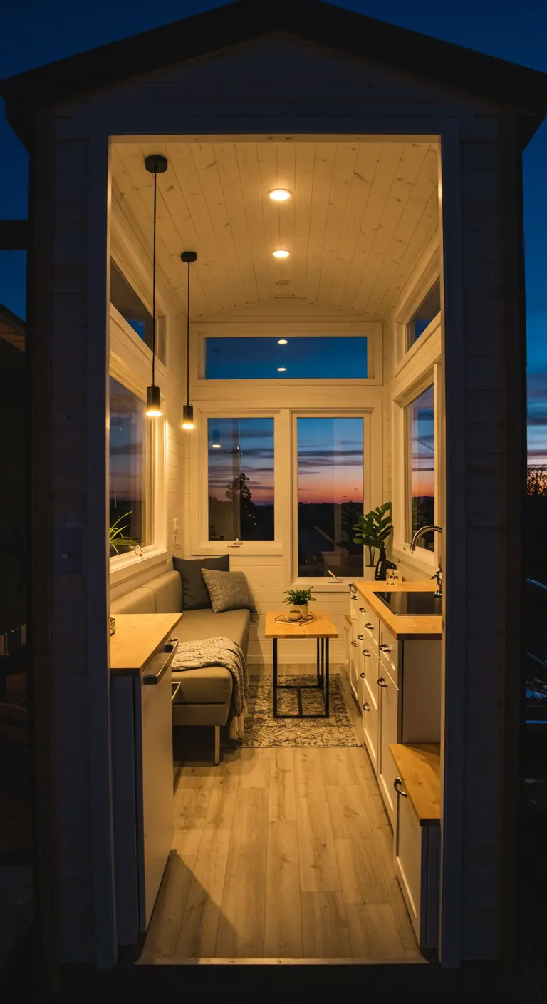 The warm, illuminated interior of a tiny home viewed from the outside at dusk.