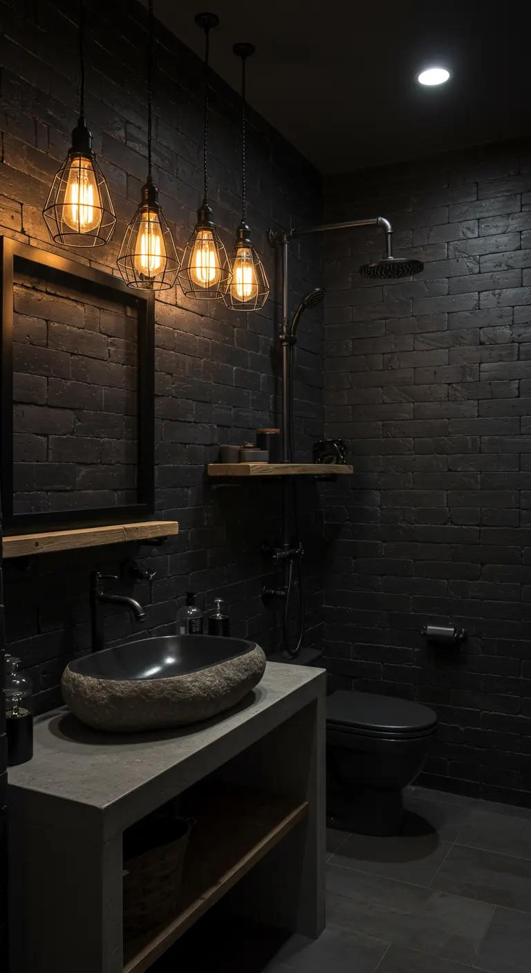A dark bathroom with black brick walls, a stone vessel sink, and a cluster of industrial pendants.