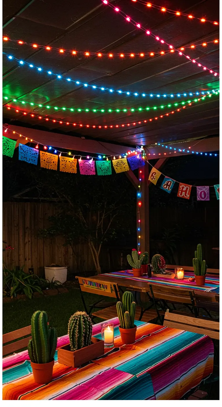 An outdoor patio decorated for a fiesta with colorful lights and papel picado banners.