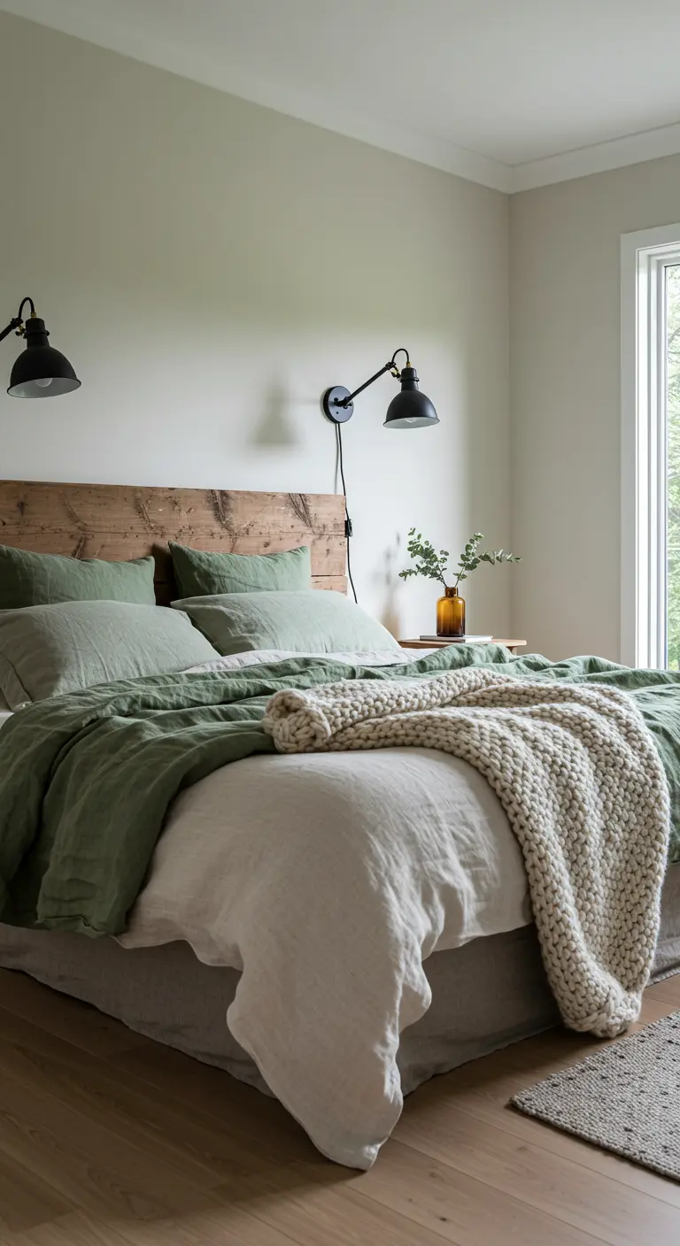 Bedroom with layered sage green linen bedding, a wood headboard, and black wall sconces.