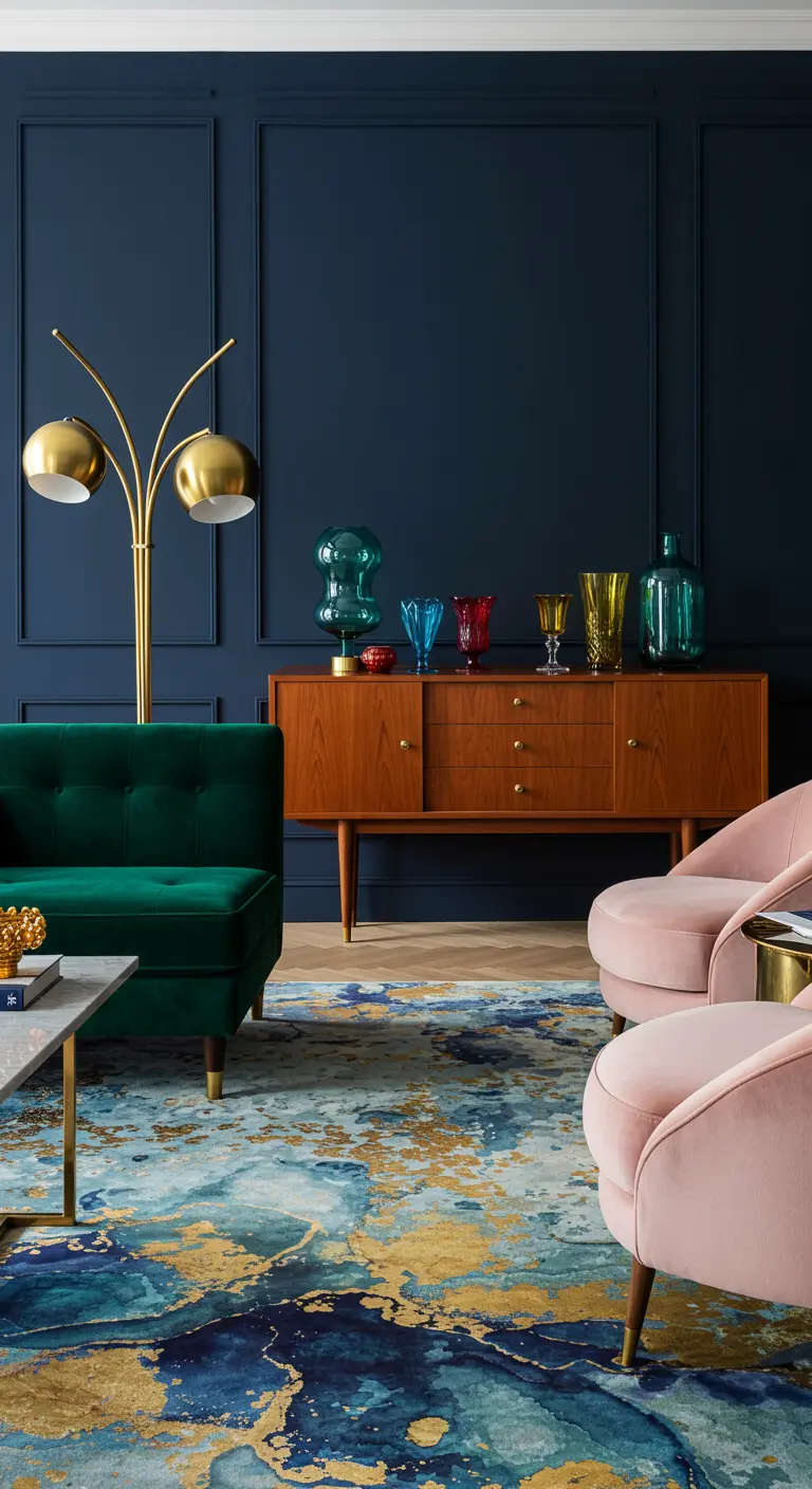 A room with navy walls, an emerald sofa, pink chairs, and a blue and gold rug.