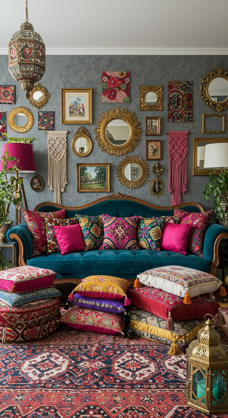 Eclectic living room with a teal sofa and a gallery wall featuring mirrors, art, and small macramé.