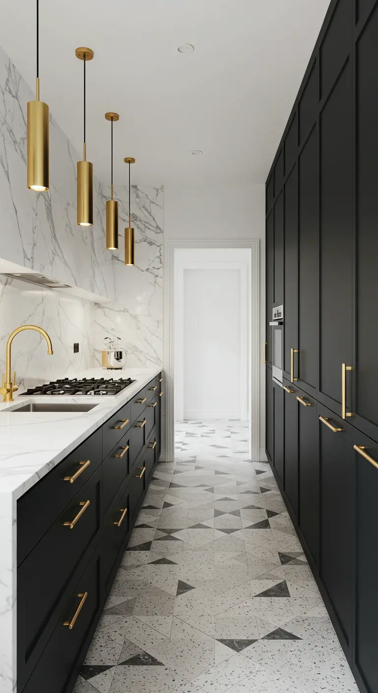 Galley kitchen with black cabinets and a dramatic marble backsplash and countertop.