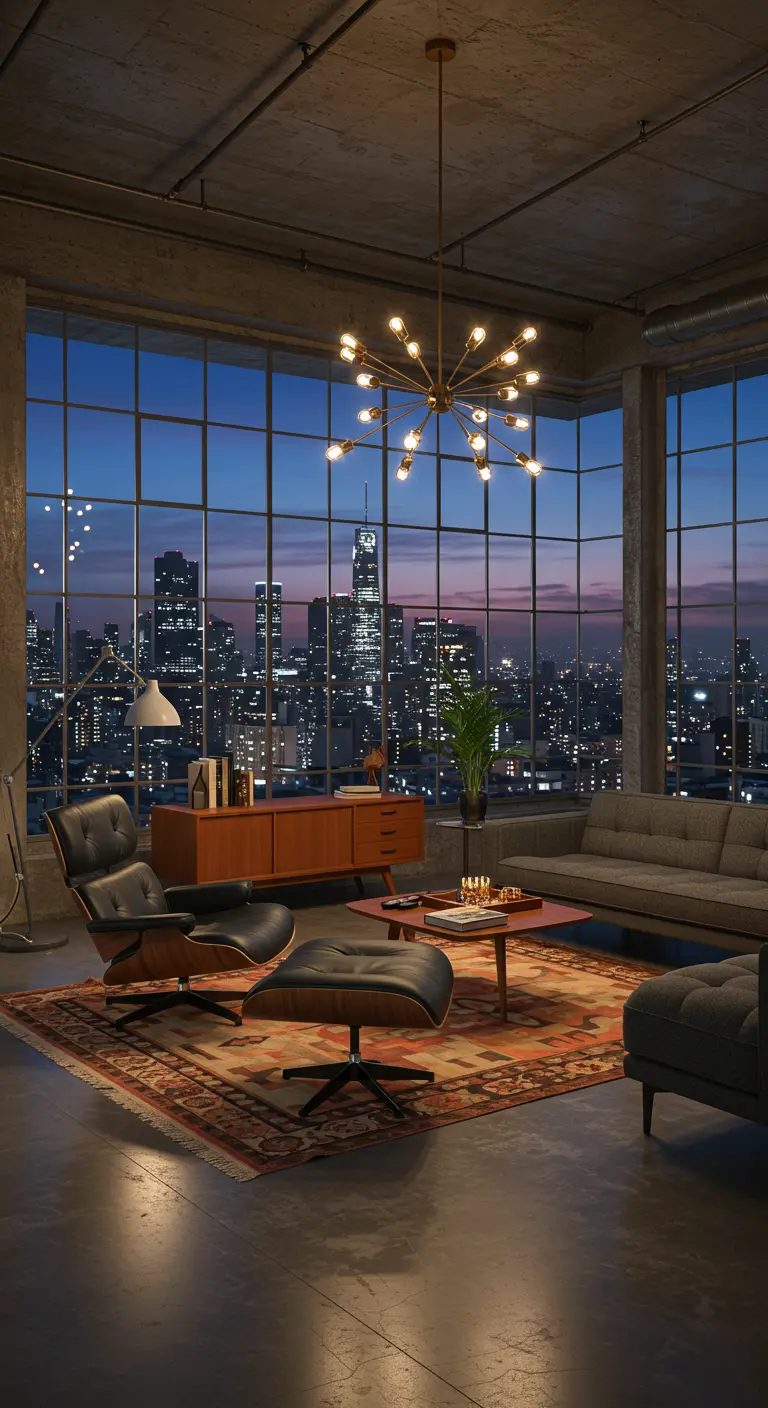 Mid-century modern loft living room at night with a sputnik chandelier and an Eames-style chair.
