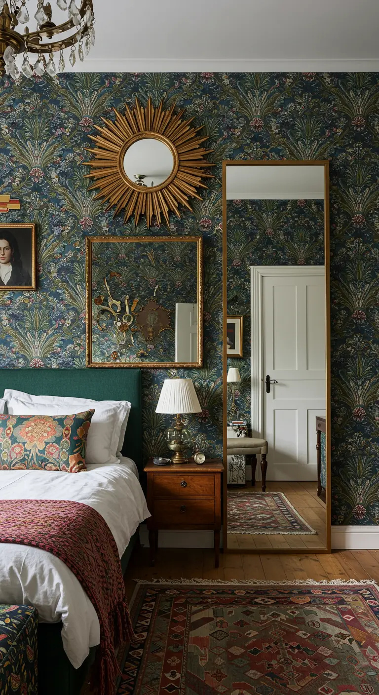 A maximalist bedroom with floral wallpaper, a full-length mirror, and a sunburst mirror.