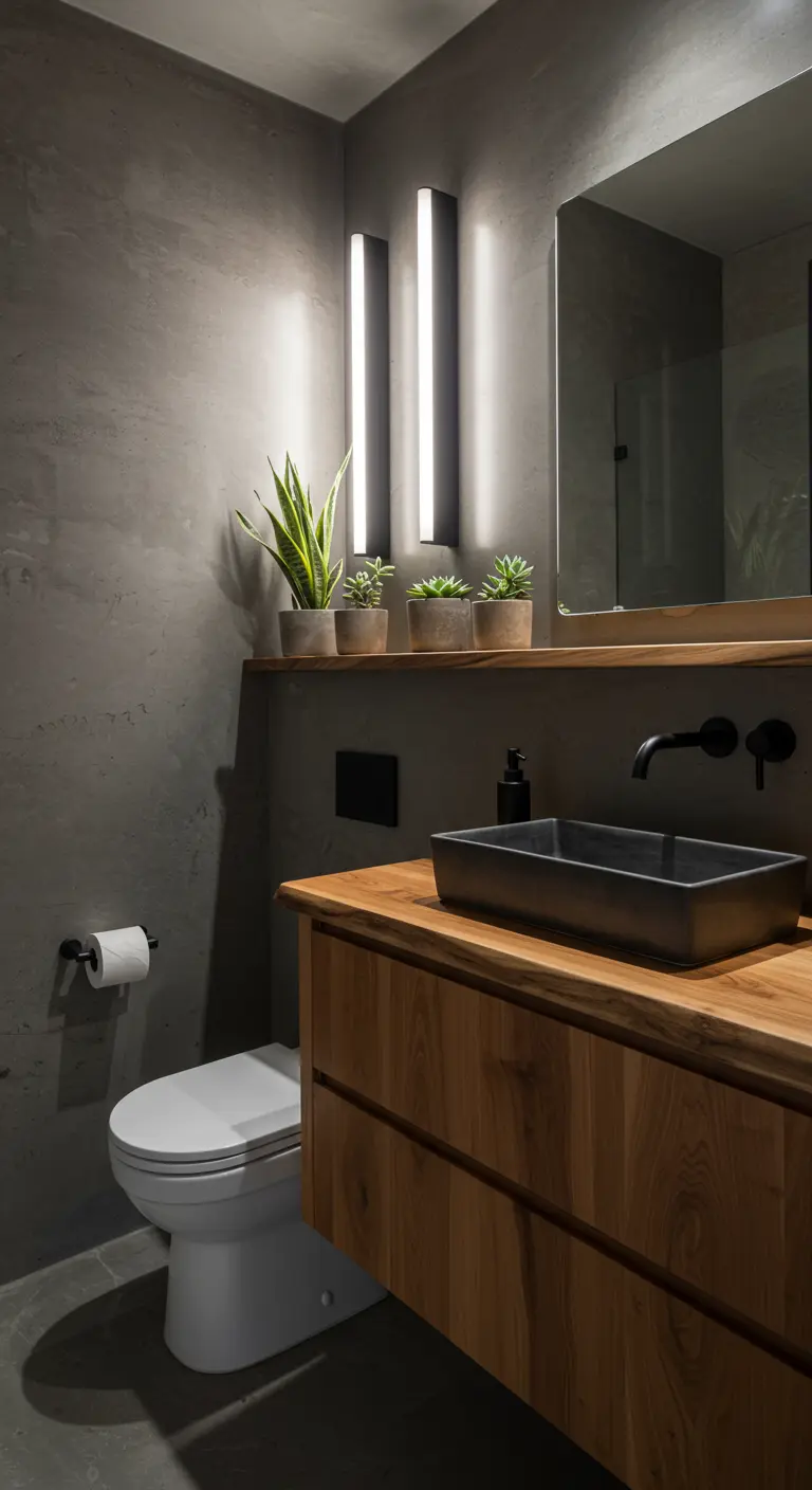 Dark concrete bathroom with a wood vanity, black sink, and modern vertical lights.