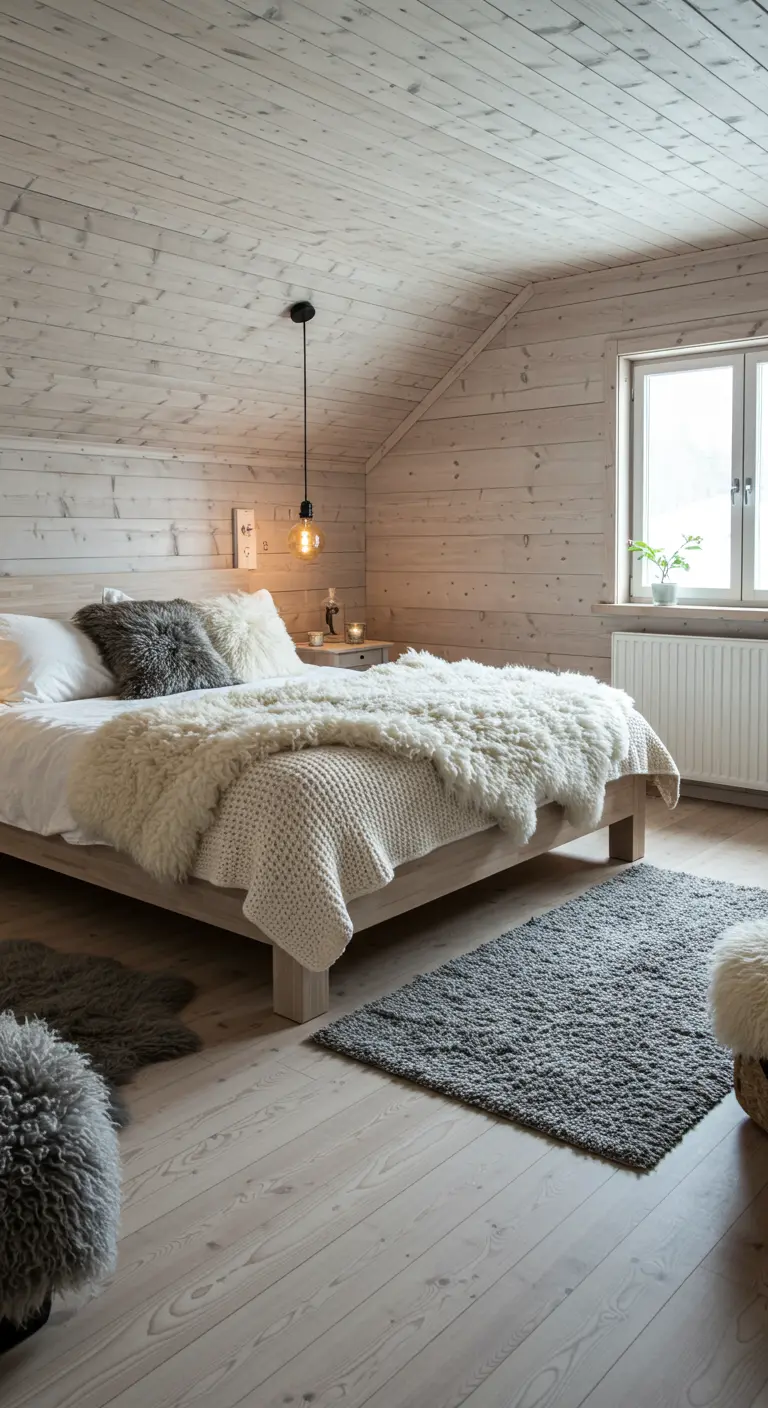 A cozy bedroom with whitewashed wood walls, with layers of sheepskin and knit throws on the bed.
