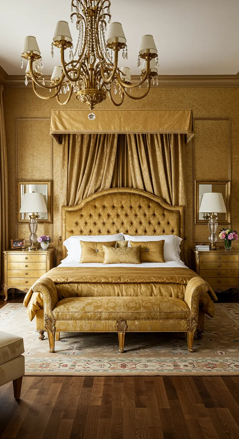 A maximalist gold bedroom with a tufted canopy bed and gilded furniture.