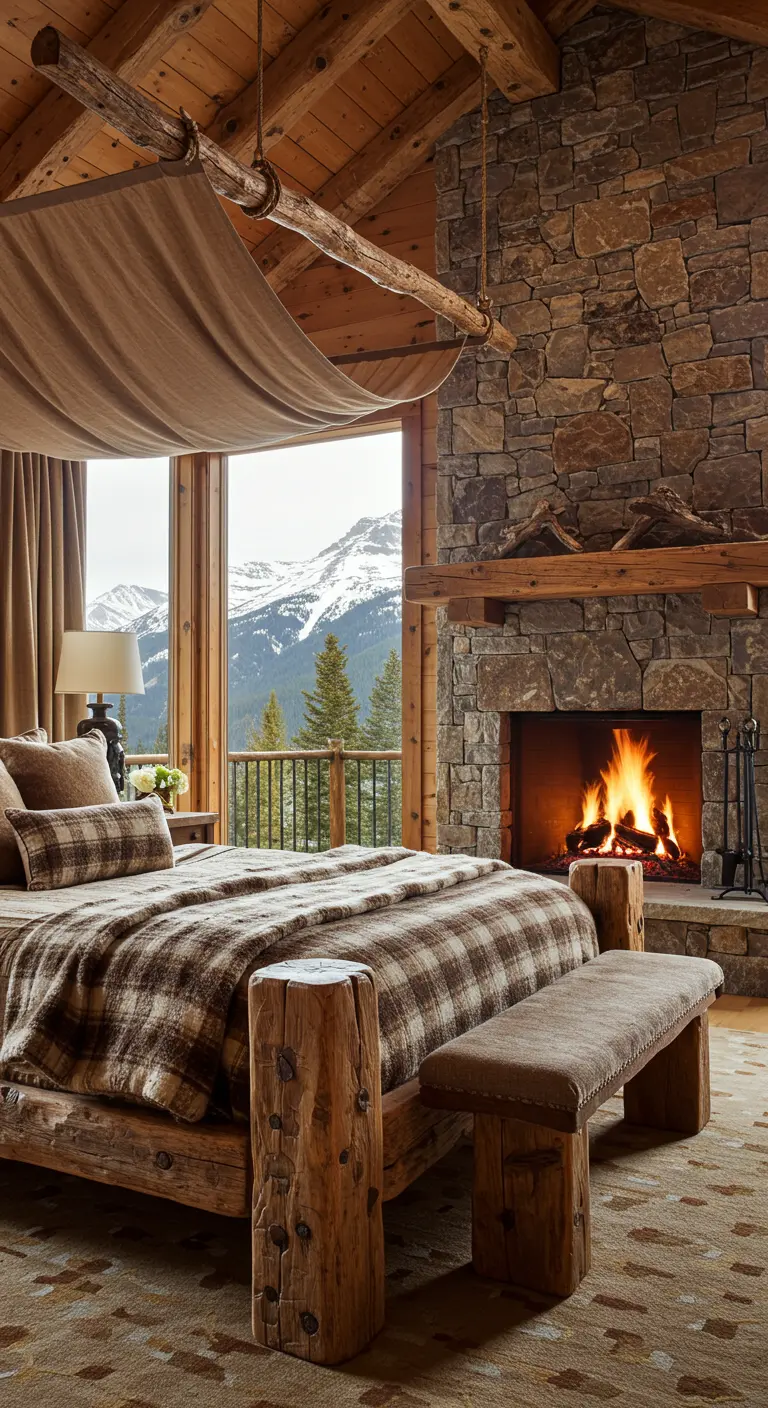 Log cabin bedroom with a stone fireplace, plaid bedding, and a simple canopy hung from a log.