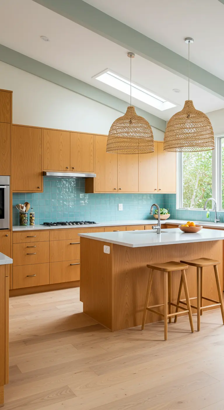 Kitchen with light teak cabinets, woven pendants, and a glossy blue backsplash.