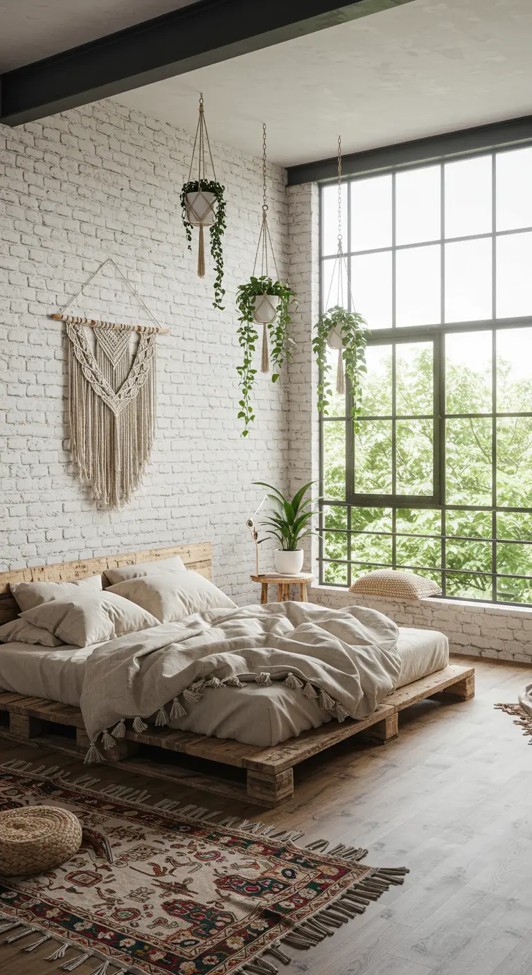 A loft bedroom with a pallet bed, macrame wall art, and hanging plants by the window.