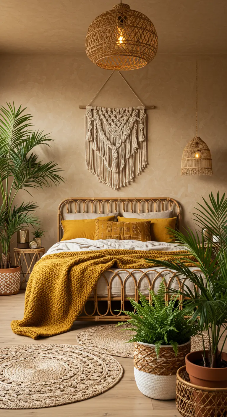 Boho bedroom with rattan furniture, macrame, and numerous potted plants.