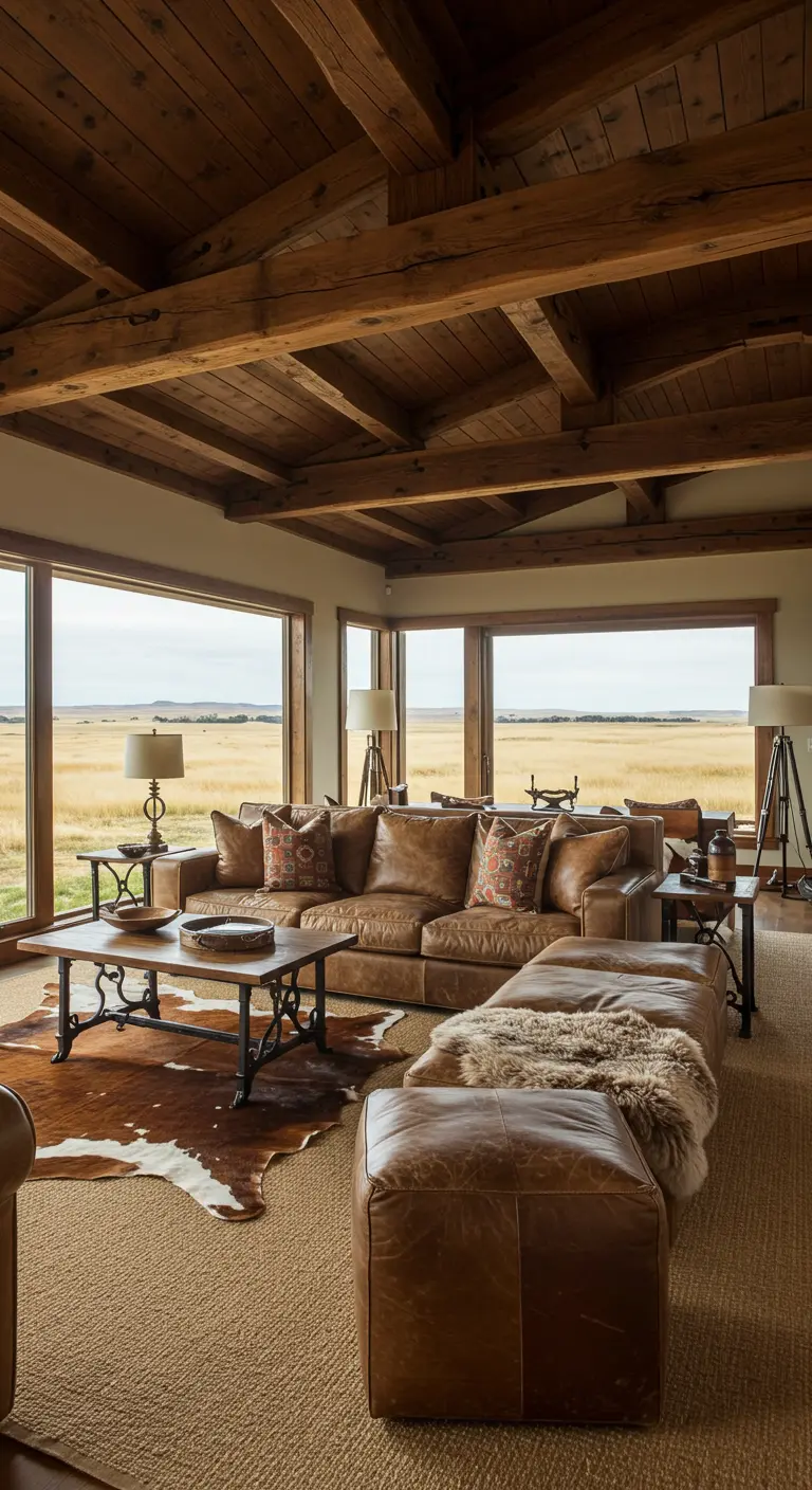 Ranch-style living room with a leather sectional, layered cowhide and sisal rugs, overlooking a prairie.