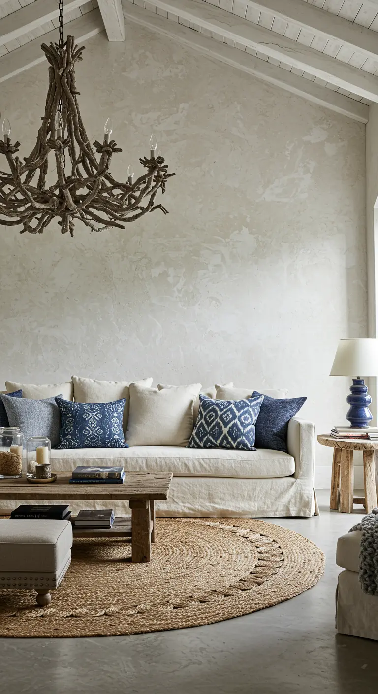Coastal living room with a driftwood chandelier and a round jute rug.