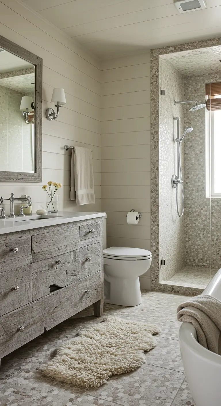 Neutral coastal bathroom with a weathered grey vanity and a plush sheepskin rug.