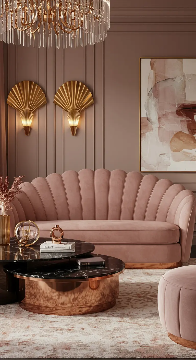Glamorous living room with a pink scalloped sofa, brass sconces, and marble tables.