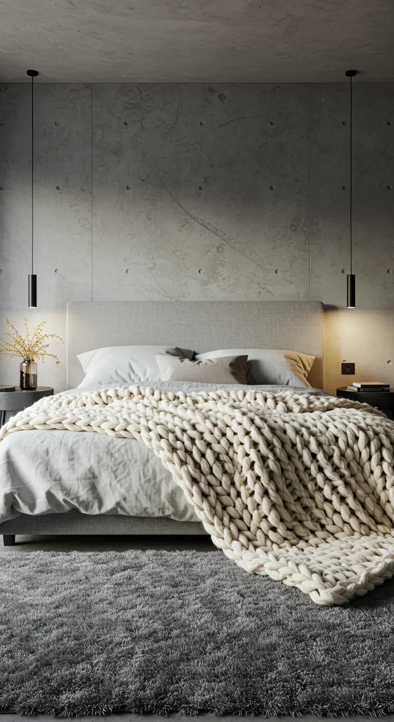 Industrial bedroom with a concrete wall, a large shag rug, and an oversized chunky knit blanket on the bed.