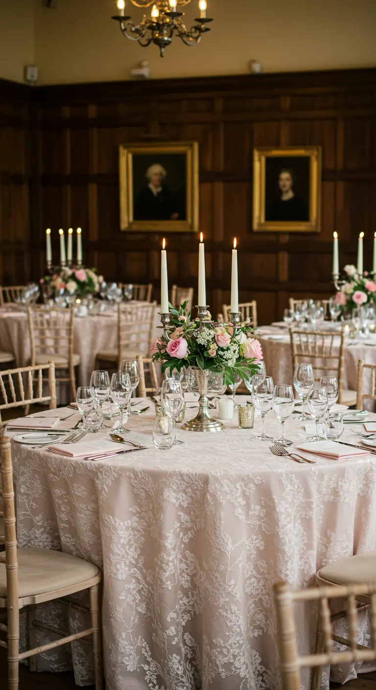 A round wedding table with a blush tablecloth covered by a white floral lace overlay.