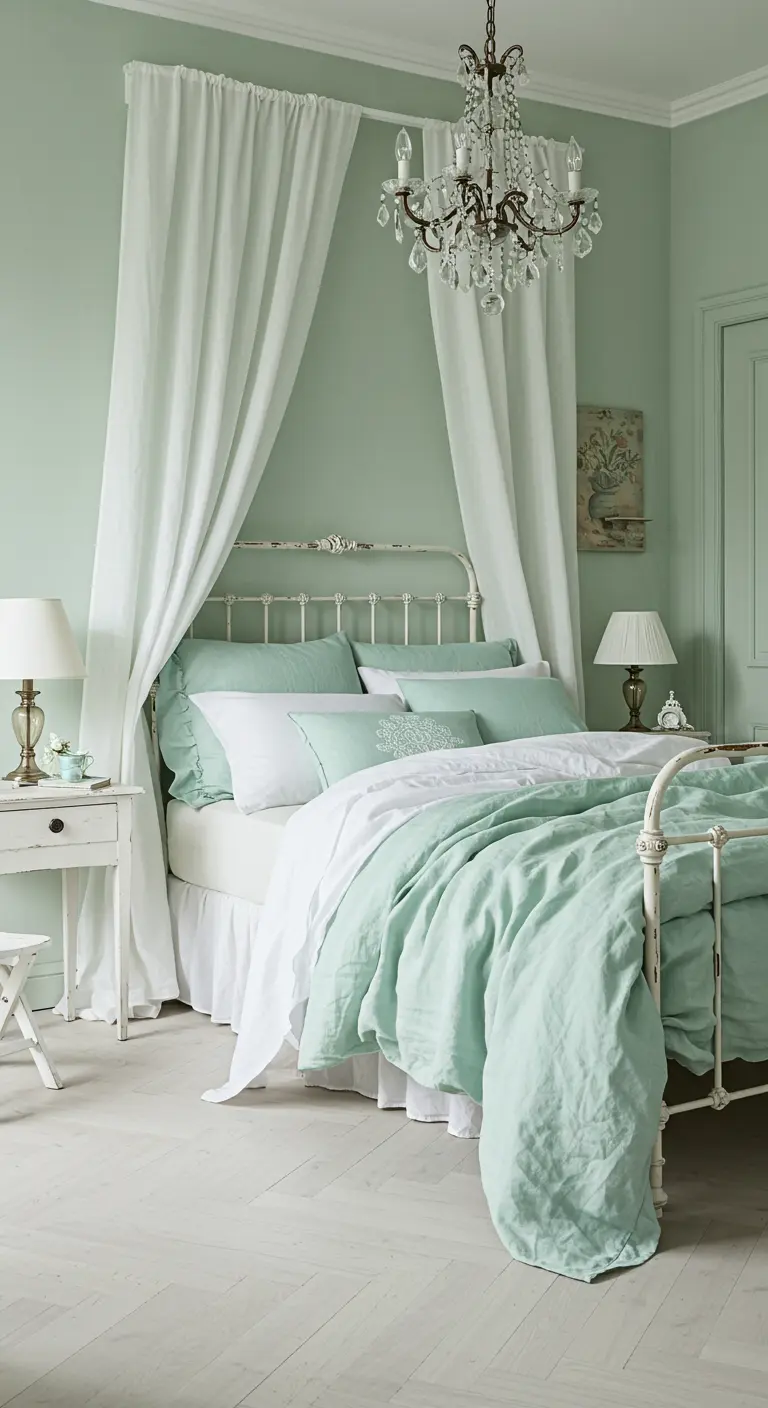 Mint green bedroom with a white iron bed, canopy drapes, and a crystal chandelier.