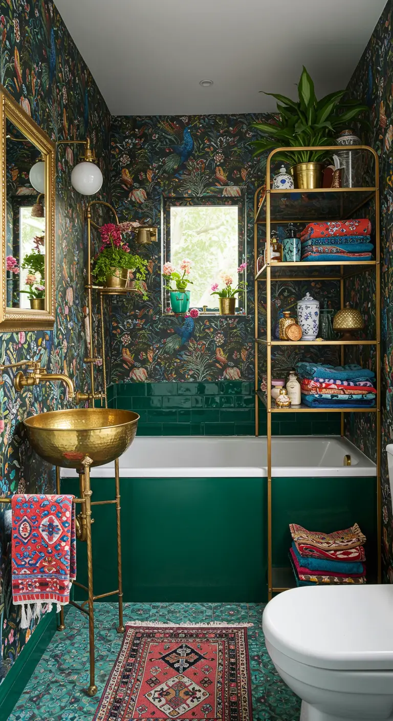 Maximalist bathroom with floral wallpaper, a green tub, and a gold étagère.