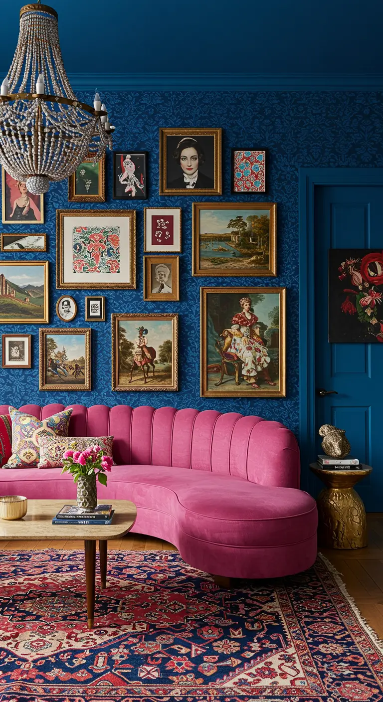 A maximalist living room with blue patterned wallpaper, a pink sofa, and a dense gallery wall.