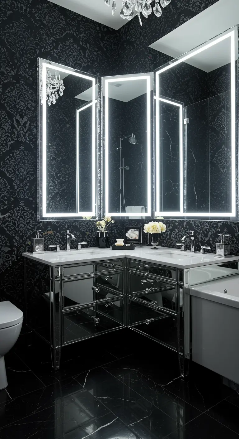 Glamorous bathroom with black damask wallpaper and a large mirrored vanity with backlit mirrors.