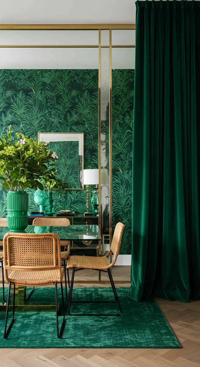 Green dining room with botanical wallpaper, rattan chairs, and velvet curtains.