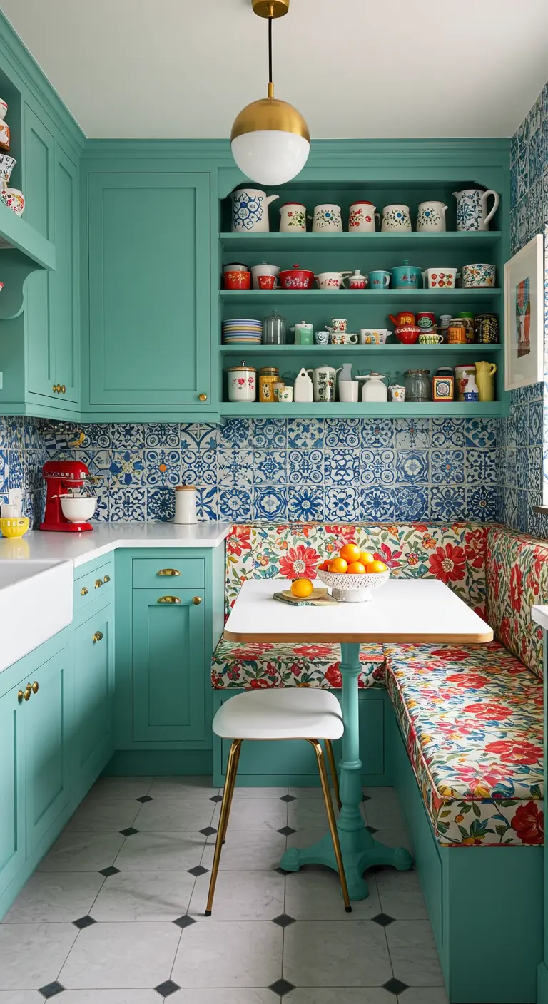 Kitchen nook with teal cabinets, floral banquette, and blue and white patterned tile.