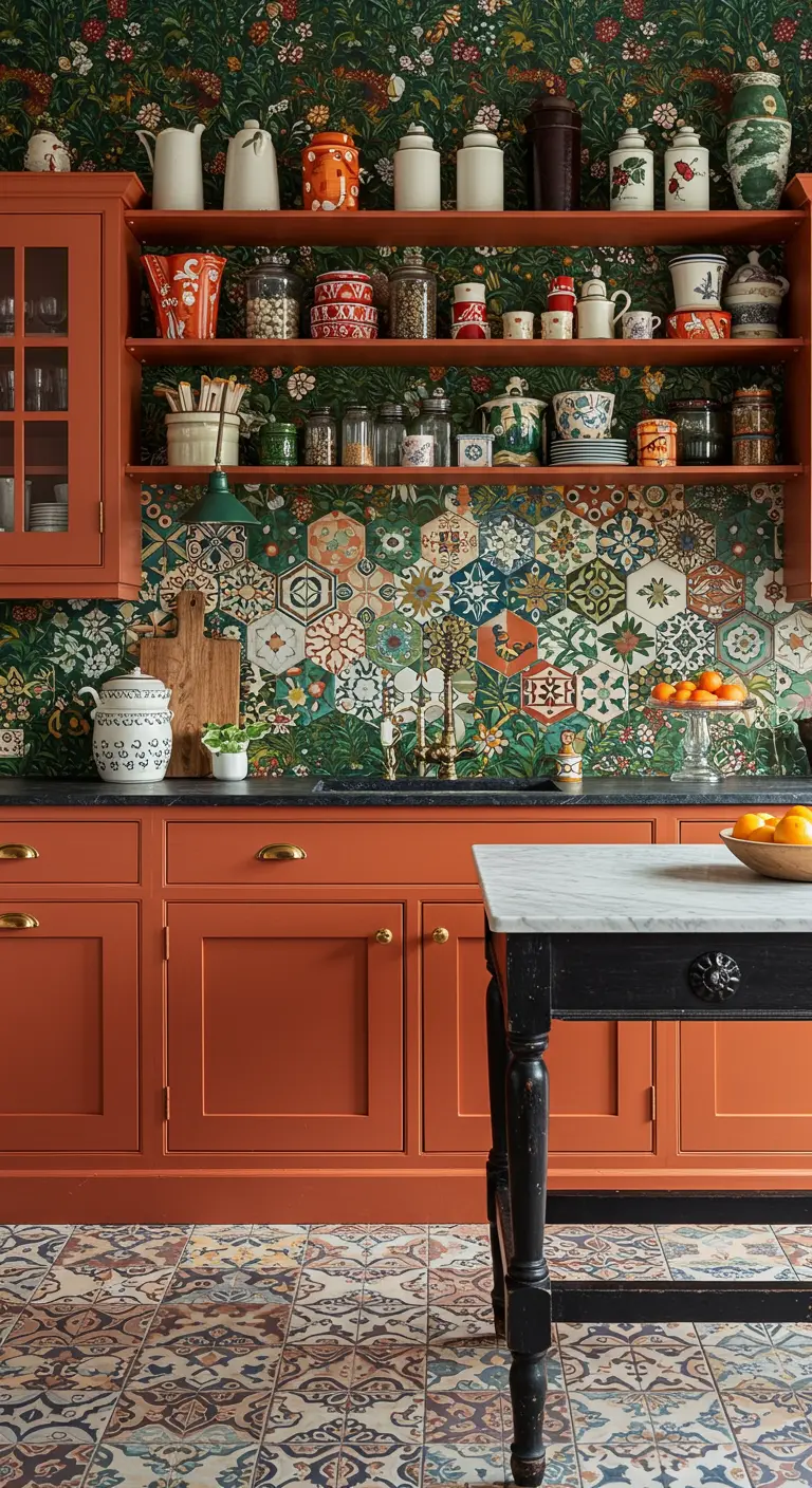 Eclectic kitchen with terra cotta cabinets, floral wallpaper, and hex tile backsplash.