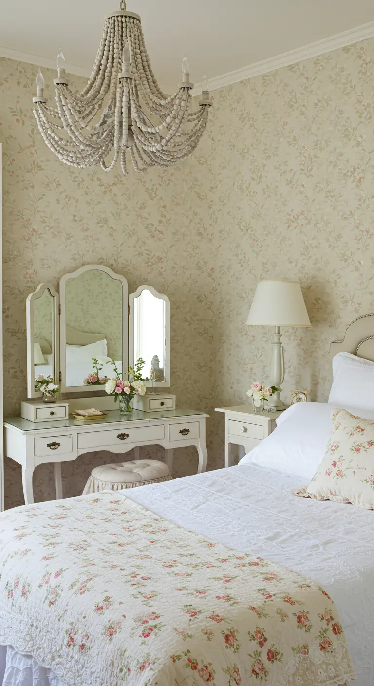 A French country bedroom with floral wallpaper, a floral quilt, and a white vanity.