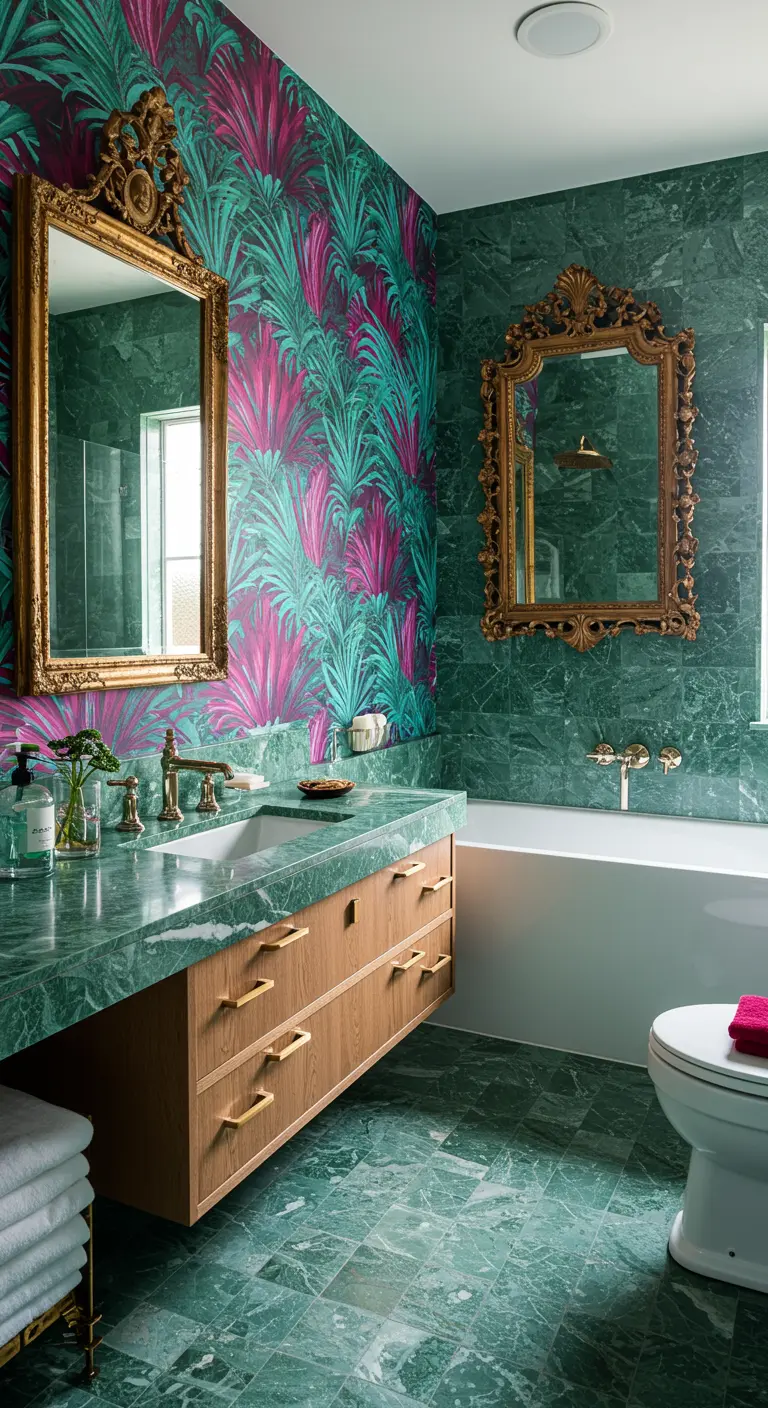 Bathroom with teal and magenta wallpaper, green marble, and ornate gold mirrors.