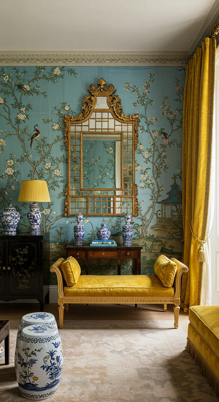 Living room with blue Chinoiserie wallpaper, a yellow velvet settee, and a gold mirror.