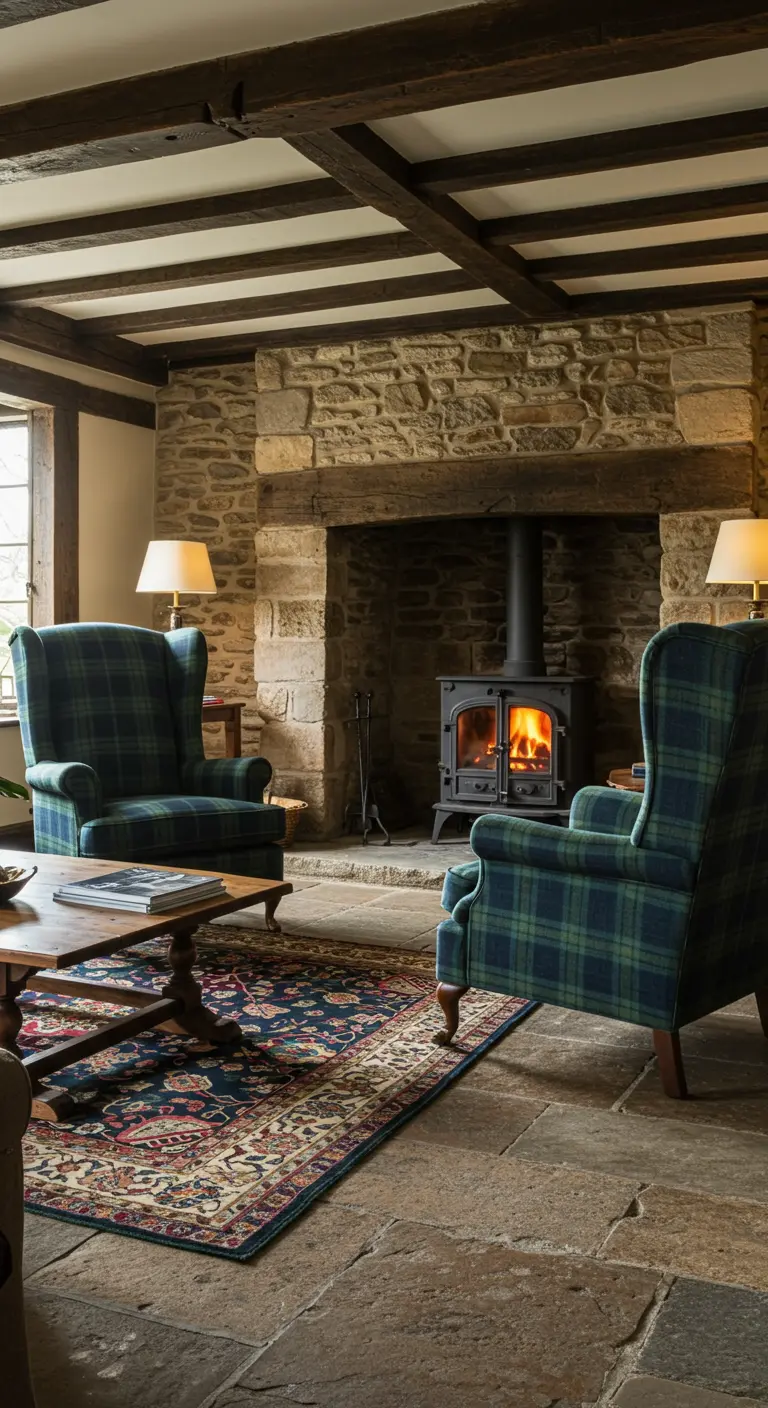 Two green and blue plaid wingback chairs in front of a stone fireplace with an Oriental rug.