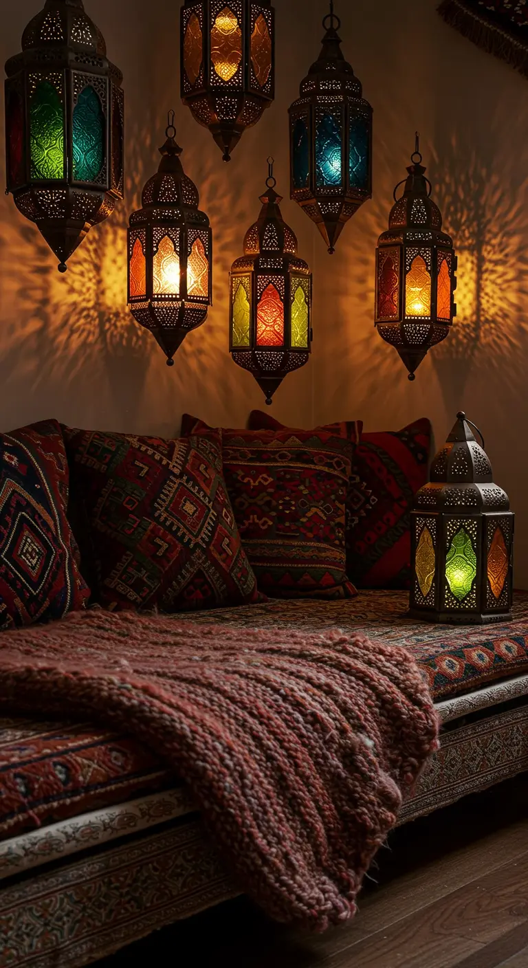 Moroccan-style seating with patterned textiles, colorful pillows, and hanging metal lanterns.